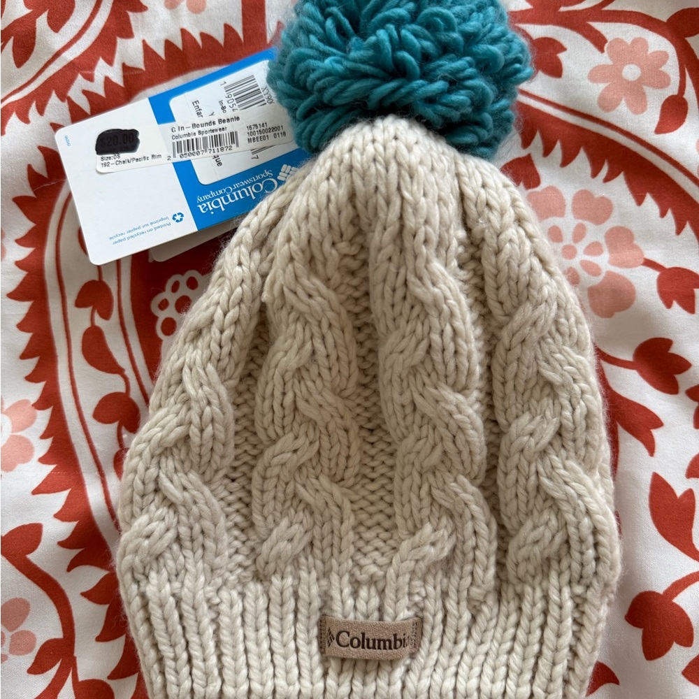 Kid’s Beanie — Columbia Cream and Blue Knitted Hat with Pom-Pom
